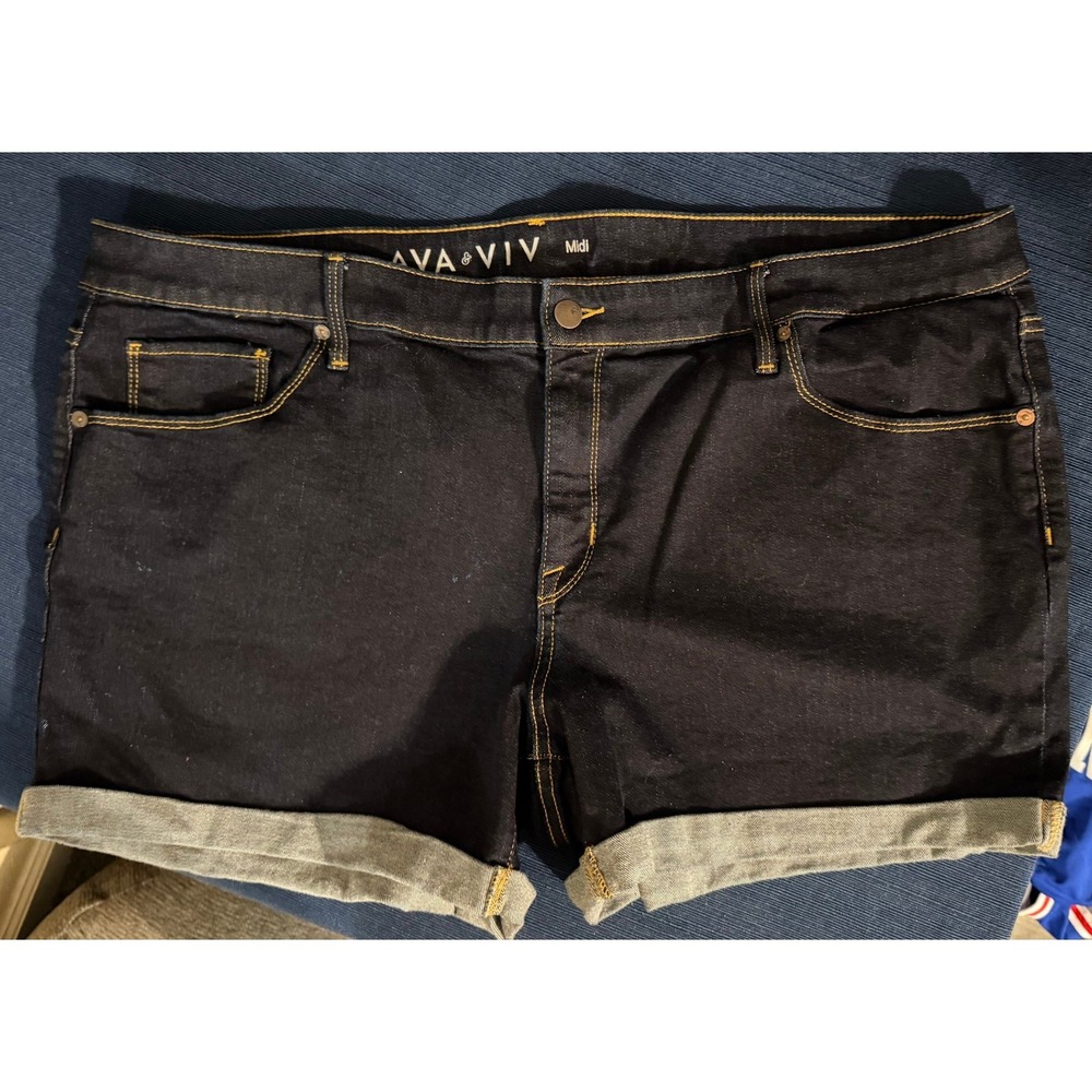 Ava & Viv Midi Denim Shorts 22W Dark Wash Power Stretch Cuffed Casual Classic
